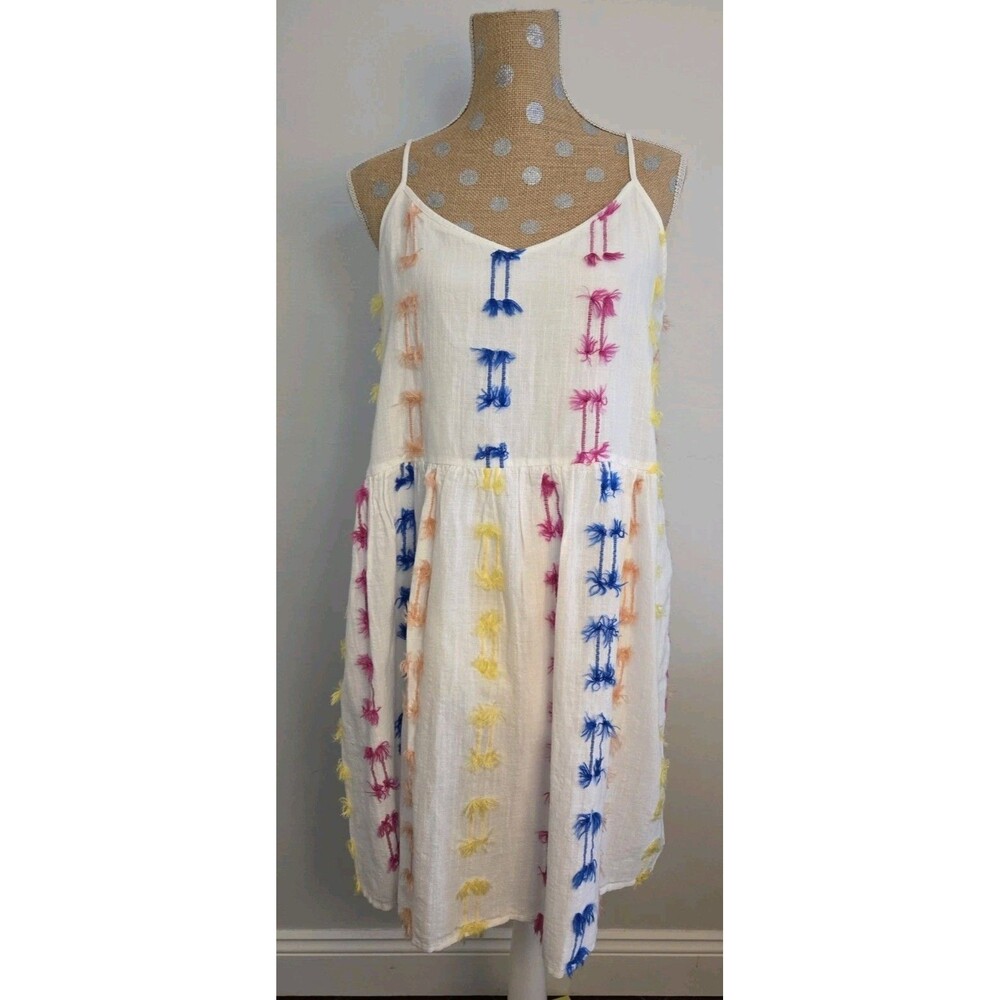 NEW LOFT Lou & Grey White Rainbow Tassel Mini Lined V-Neck Dress LARGE Babydoll